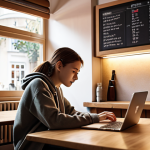 **A cozy café scene with a student studying, surrounded by soft lighting and the gentle murmur of background noise. The student is using a laptop, possibly with a language learning app open.** (This visualizes the "optimal study environment" section)