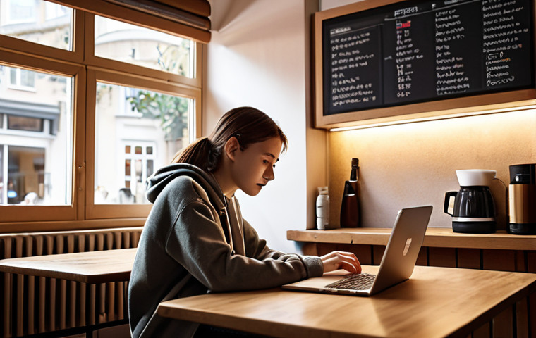 **A cozy café scene with a student studying, surrounded by soft lighting and the gentle murmur of background noise. The student is using a laptop, possibly with a language learning app open.** (This visualizes the "optimal study environment" section)